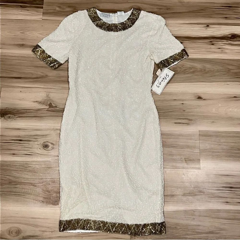 NEW Vintage Stenay 100% Silk Fitted White Gold Beaded Dress Women’s 8